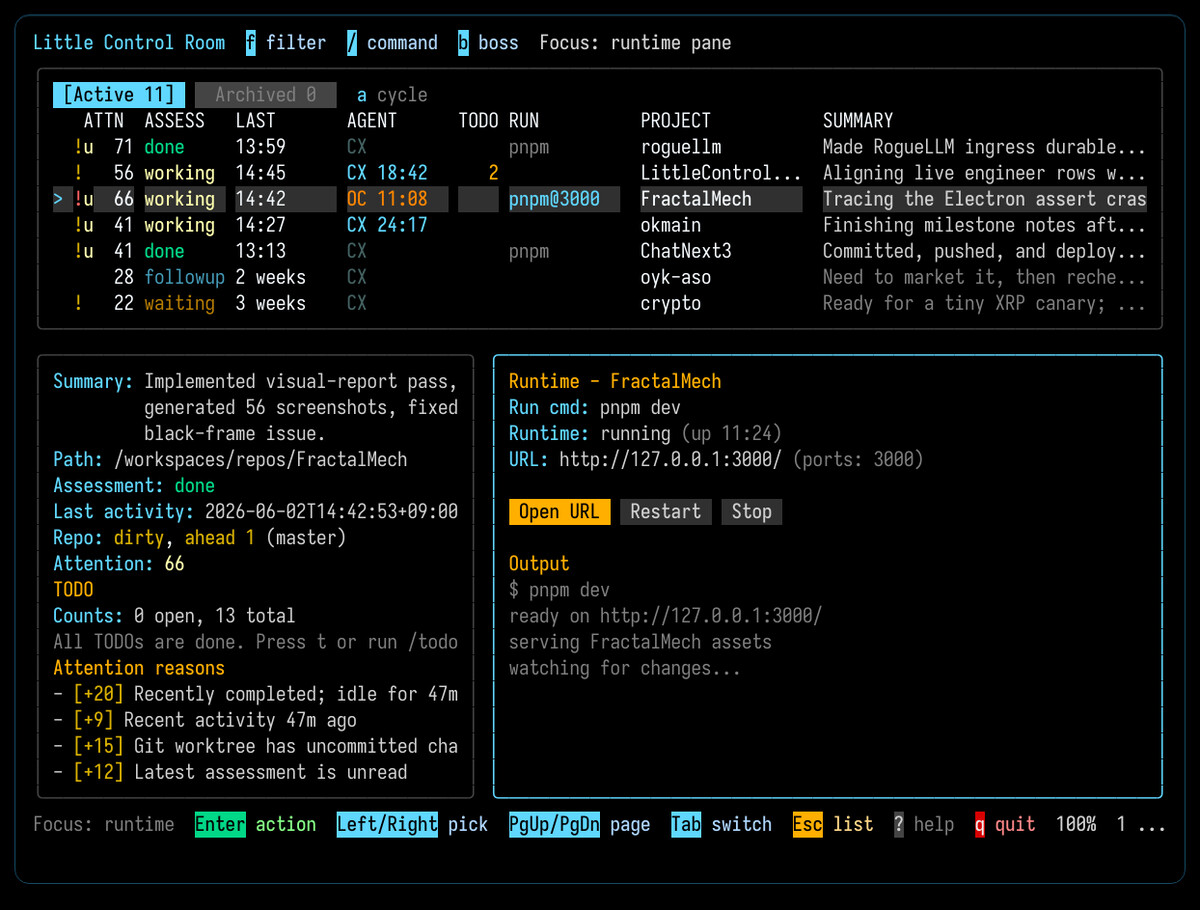 Little Control Room dashboard with project status and runtime pane